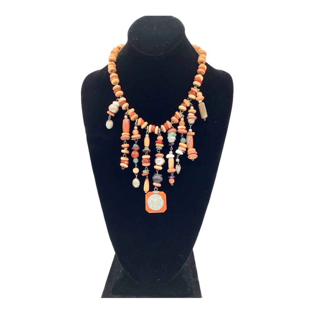 Multi-Colored Resin Dangle Earthtones Beaded Neck… - image 1